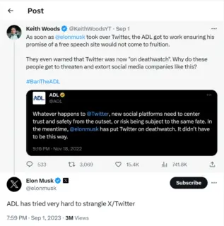 Elon Musk on X: ADL is trying to strangle the platform